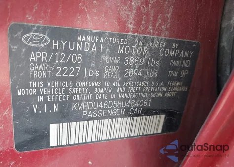 2008 Hyundai Elantra Gls/Se from USA, damaged, VIN KMHDU46D58U484061